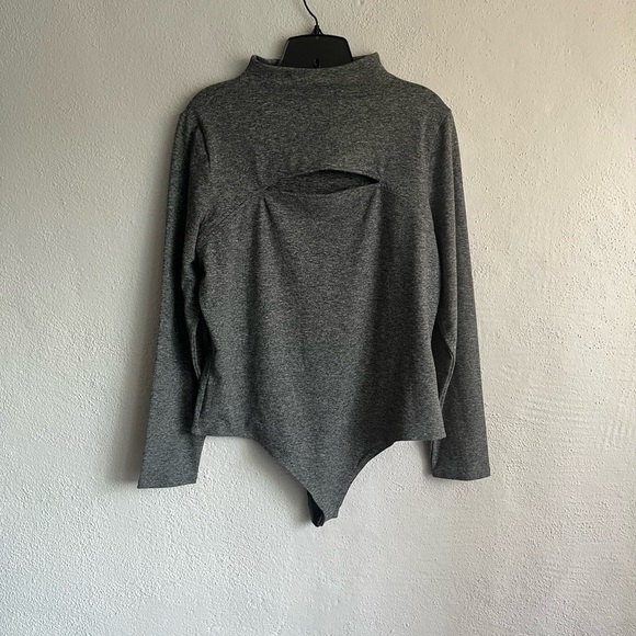 Express Woman Gray Heather Body Contour Cozy Mock Neck Cutout Bodysuit, … - Picture 1 of 7